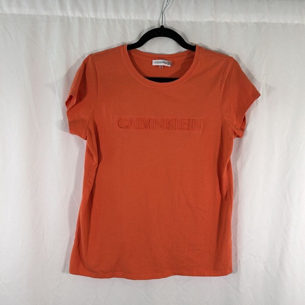 Calvin Klein Shirt Women's Medium Orange Raise Print Short Sleeve Crew Neck